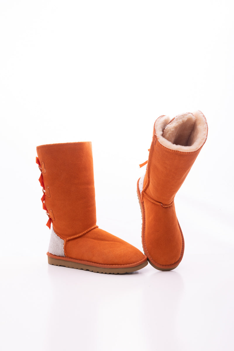 SMAIBULUN Ugg | Rhinestone Ribbon Tri-Tie Bow Suede Boots - Orange