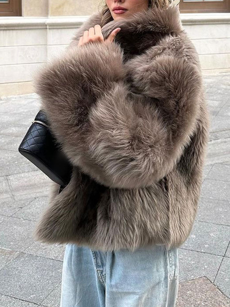 Plush coat with fur collar