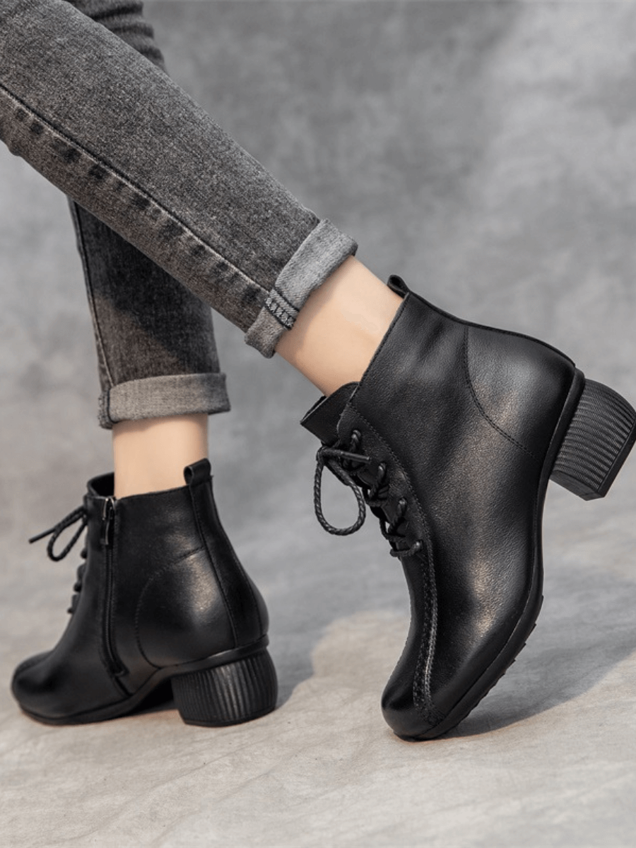 RUMOUR HAS IT | LACE-UP LEATHER ANKLE BOOTS - BLACK