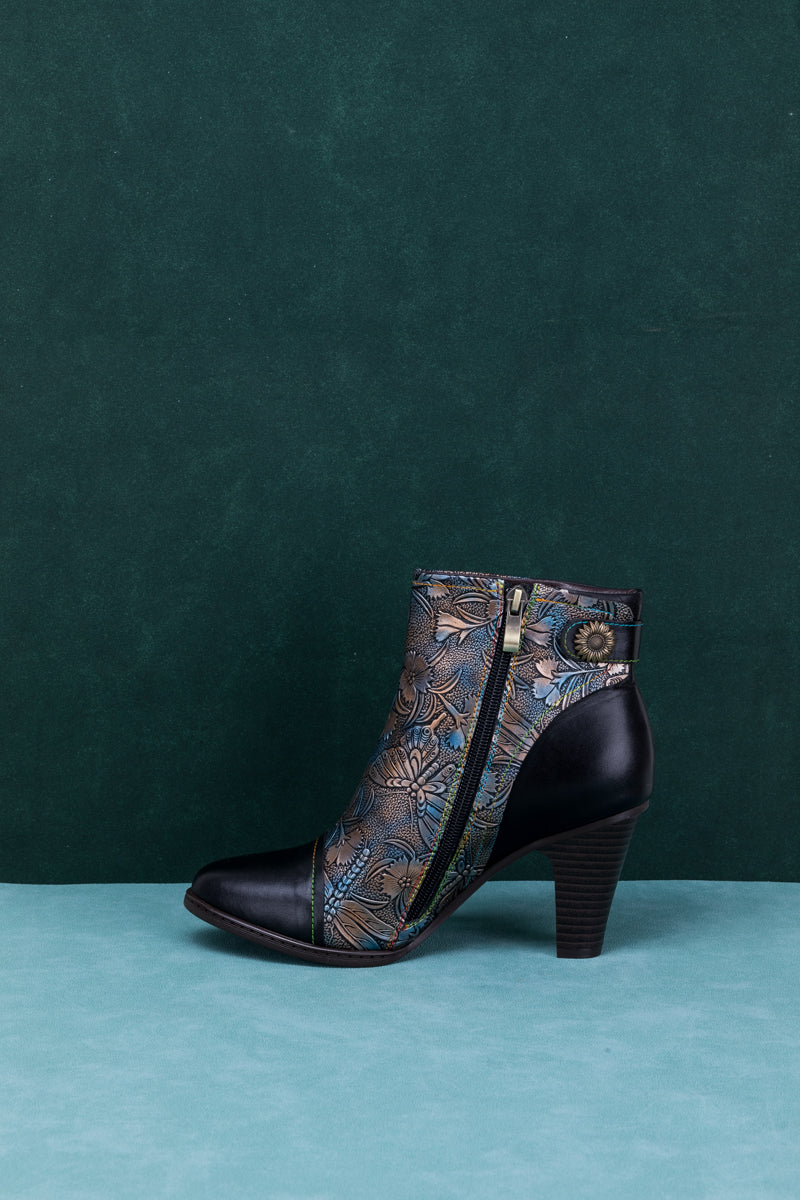 SOFFIA | FLORAL EMBOSSED METALLIC LEATHER ANKLE BOOT - BLACK