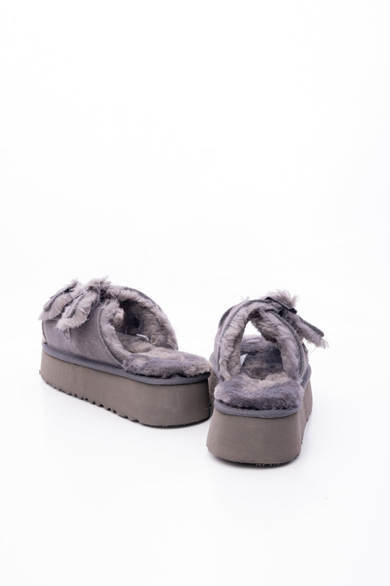 Smaibulun Ugg | Woolen Suede Double Strap Platform Sandal - Grey