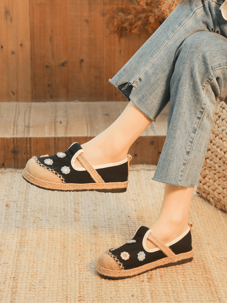 CACTUS ROSE | DAISY WISHES APPLIQUE LINEN ESPADRILLE - BLACK