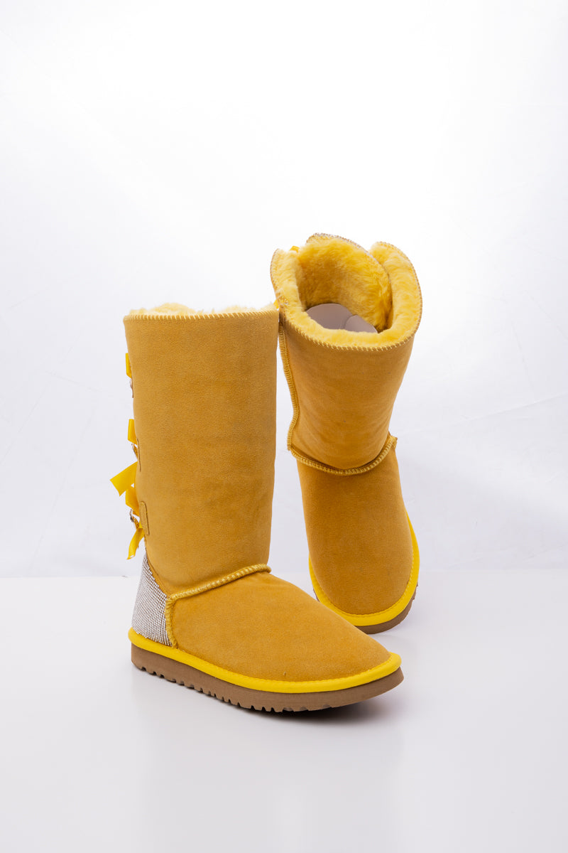 SMAIBULUN Ugg | Rhinestone Ribbon Tri-Tie Bow Suede Boots - Yellow