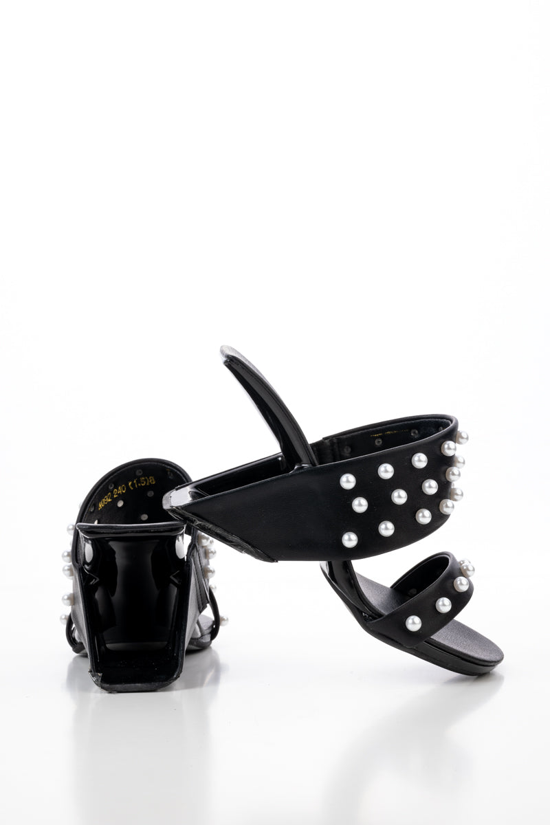 JADY ROSE | VIVIANE PEARL INLAY LEATHER HEELED SANDAL - BLACK