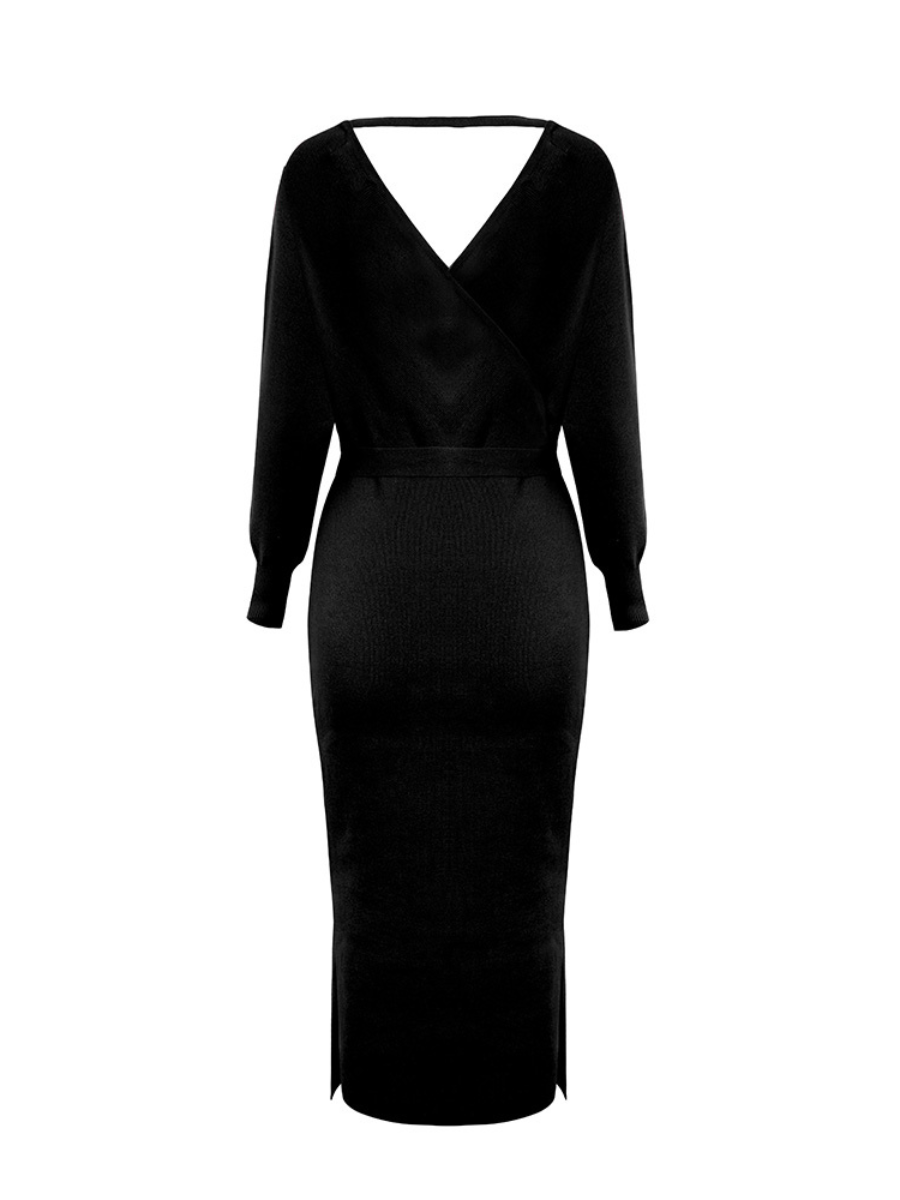 Lorene Tie Waist Midi Sweater Dress - Black