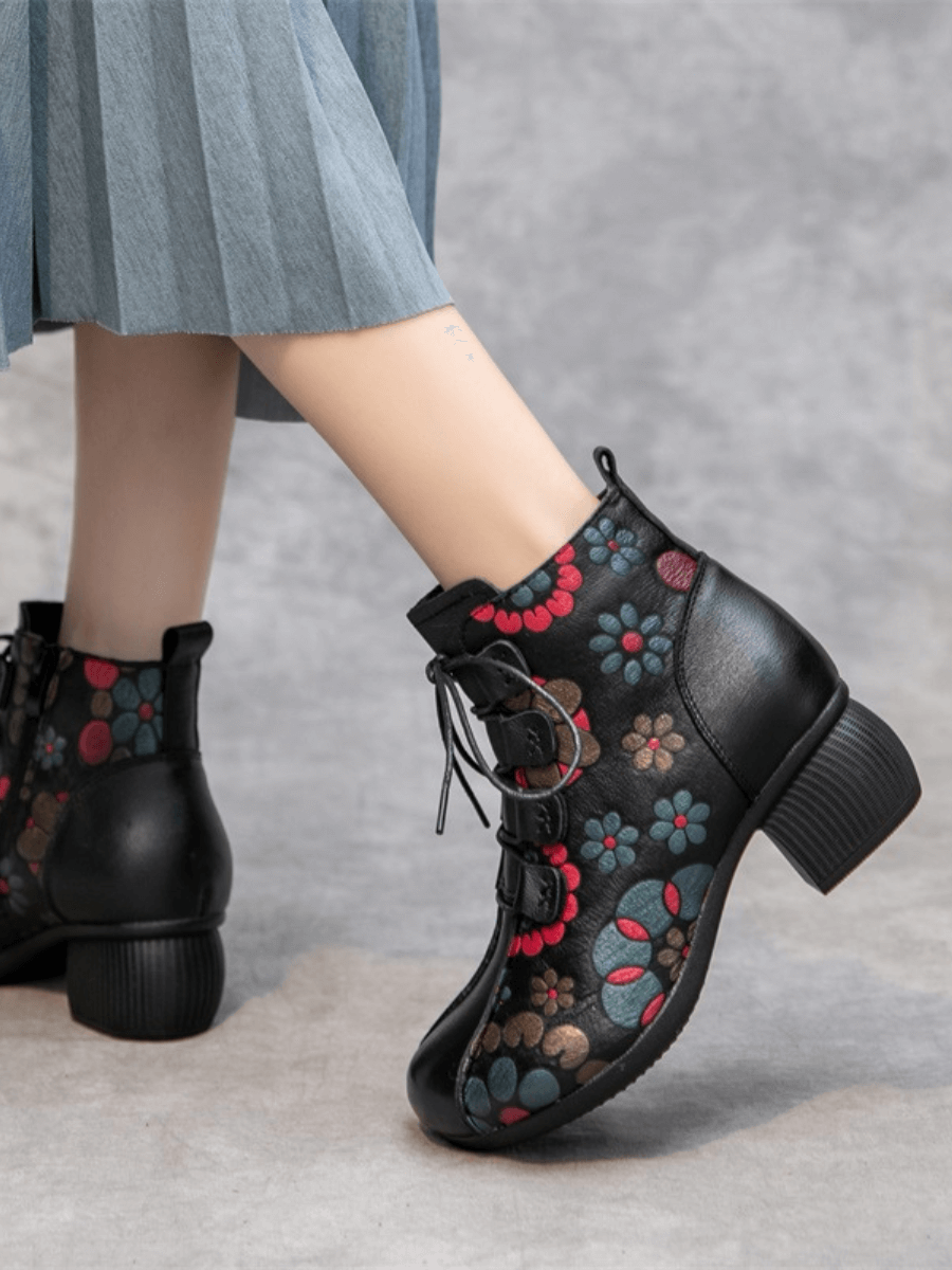 RUMOUR HAS IT | LACE-UP FLORAL EMBOSSED LEATHER BOOT - BLACK