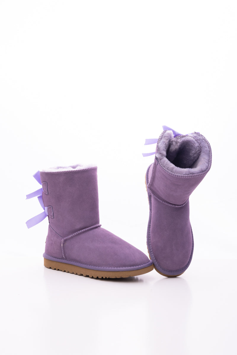 Smaibulun Ugg | Double Ballet Ribbon Bow Suede Shearling Boots - Lavender