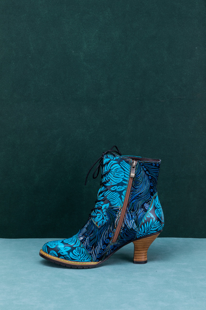 SOFFIA | PALM LEAF PEACOCK FEATHER LEATHER ANKLE BOOT