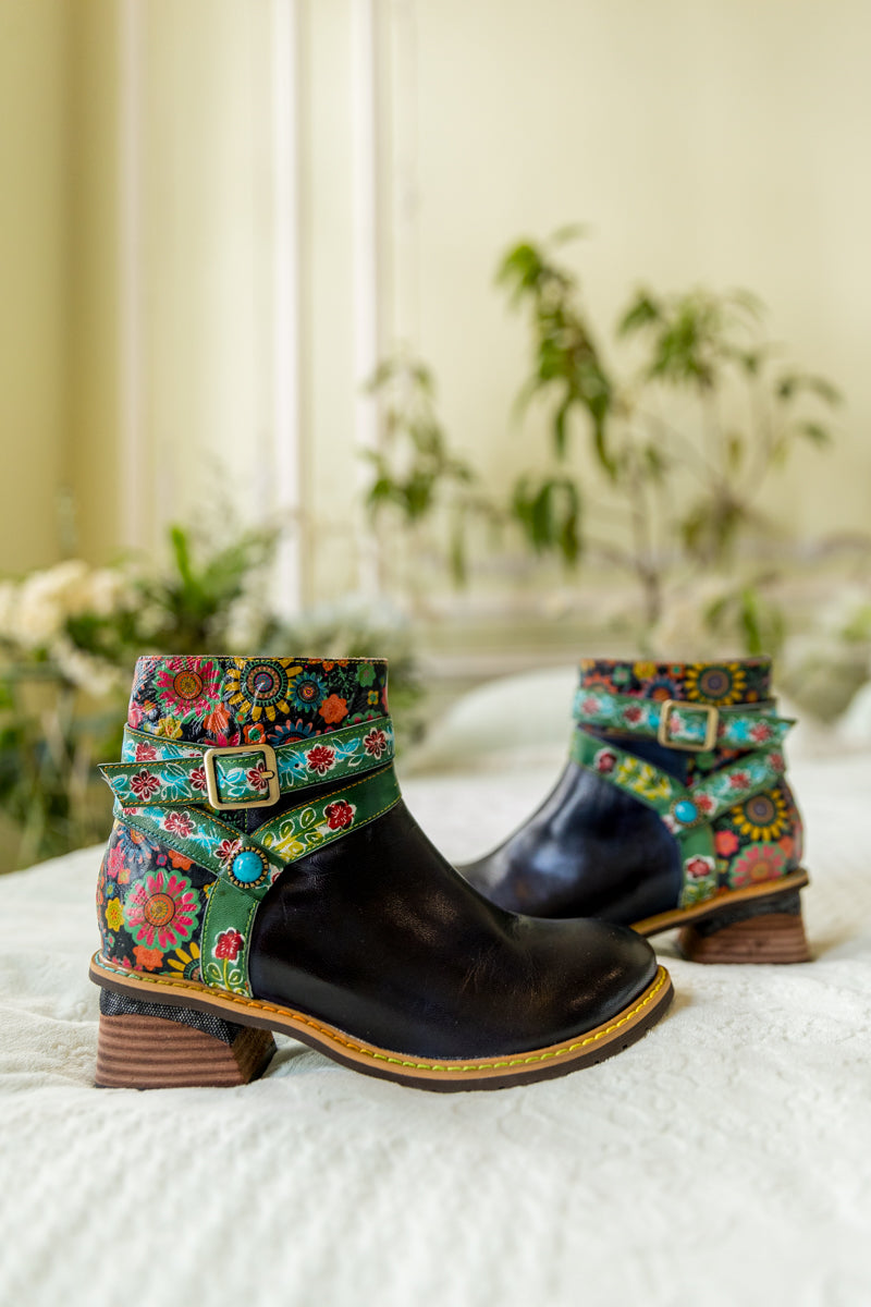 SOFFIA | ABSTRACT FLORAL STRAP LEATHER ANKLE BOOT