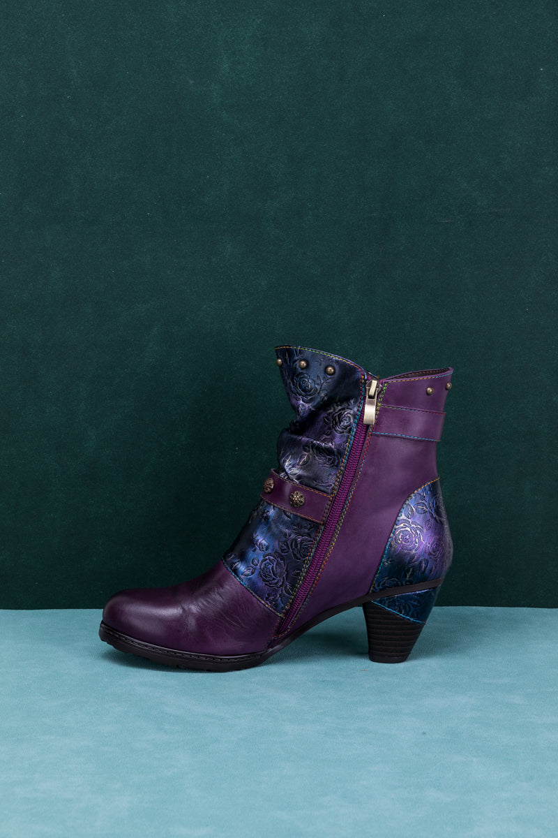 SOFFIA | FLORAL EMBOSSED BUCKLE UP LEATHER BOOTIE - PURPLE