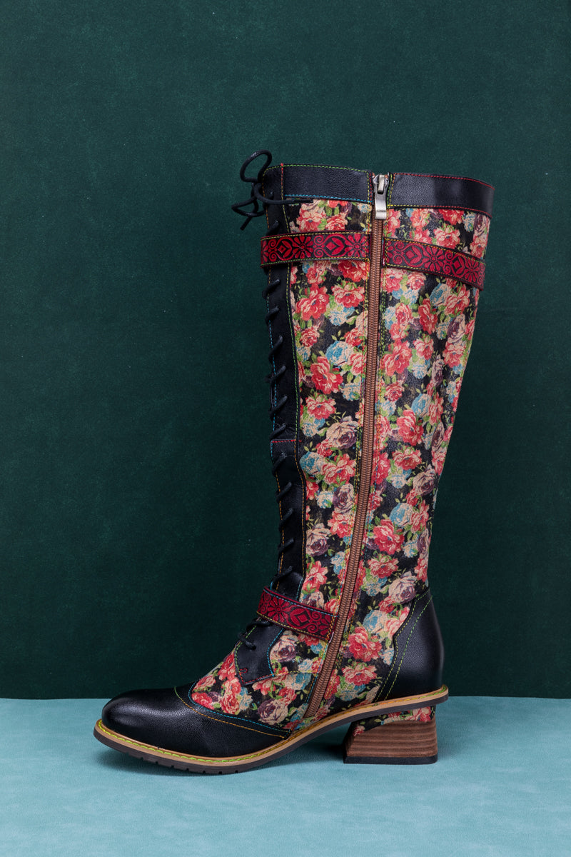 SOFFIA | BLOOMING FLORAL TIE-ACCENT LEATHER KNEE HIGH BOOT