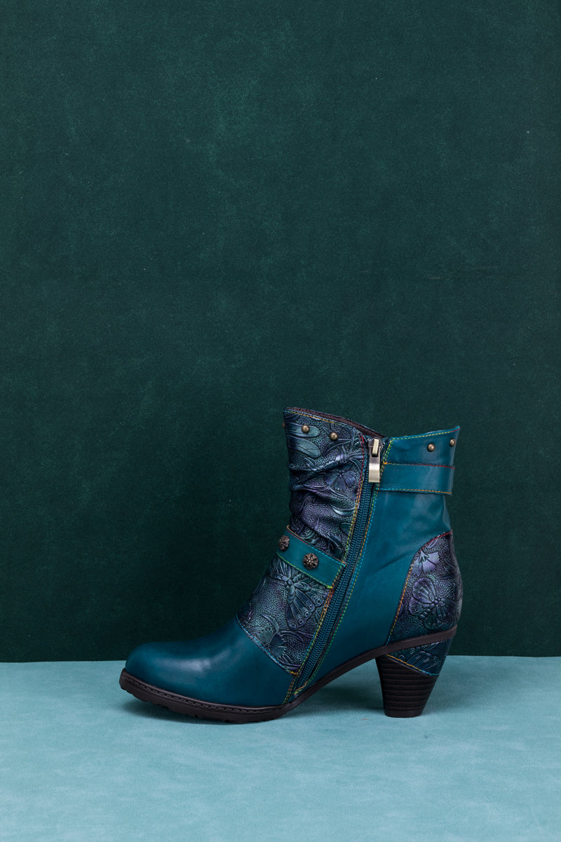 SOFFIA | FLORAL EMBOSSED BUCKLE UP LEATHER BOOTIE - TEAL