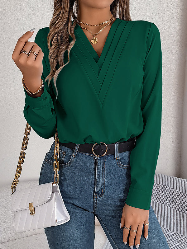 Long Sleeves Loose Pleated Solid Color Split-Joint V-Neck T-Shirts Tops