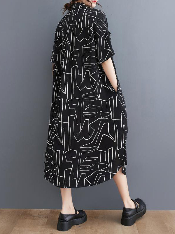 Loose Abstract Printed Lapel Midi Dresses