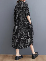 Loose Abstract Printed Lapel Midi Dresses