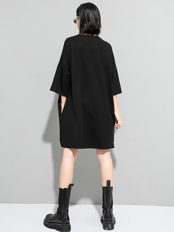 Original Black Zipper Batwing Sleeve Round-Neck Mini Dress