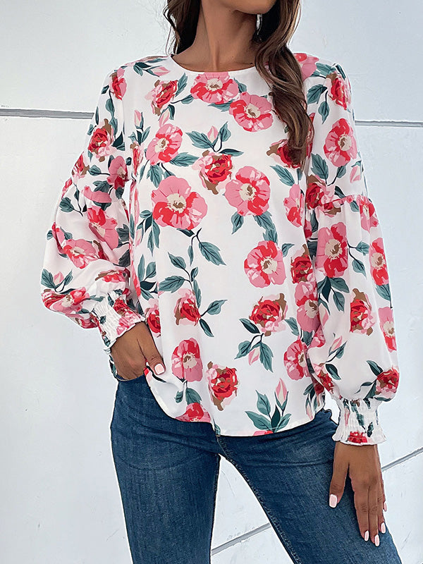 Long Sleeves Loose Elasticity Flower Print Round-Neck Blouses&Shirts Tops