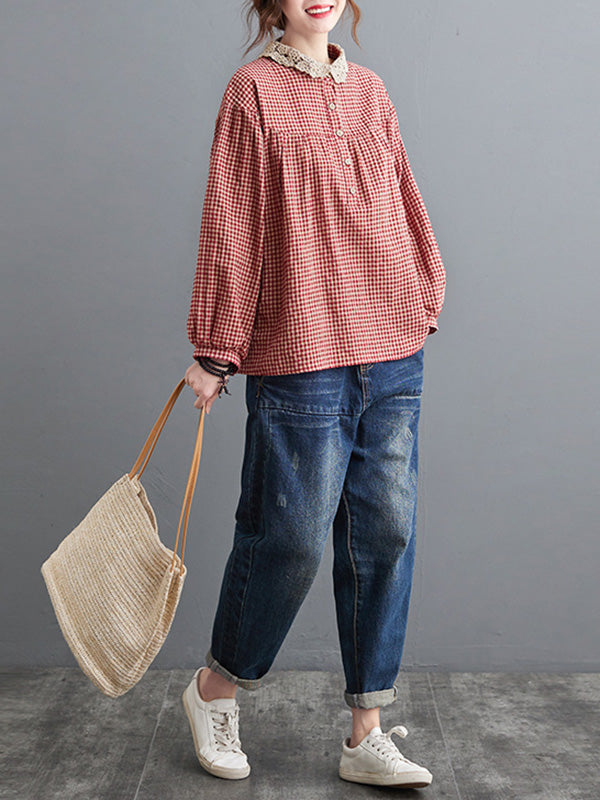 Plaid Ramie Cotton Plus Szie Long Sleeve Shirts