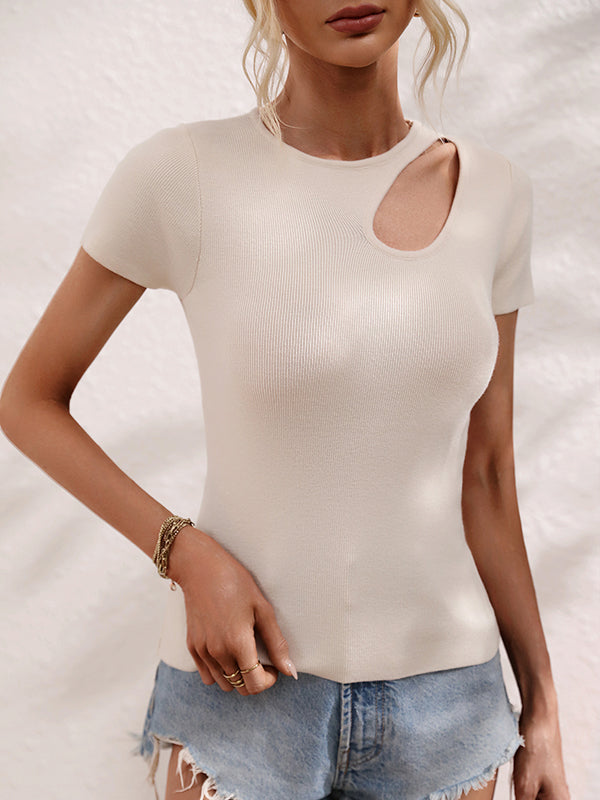 Short Sleeves Skinny Asymmetric Hollow Solid Color Round-neck T-Shirts Tops