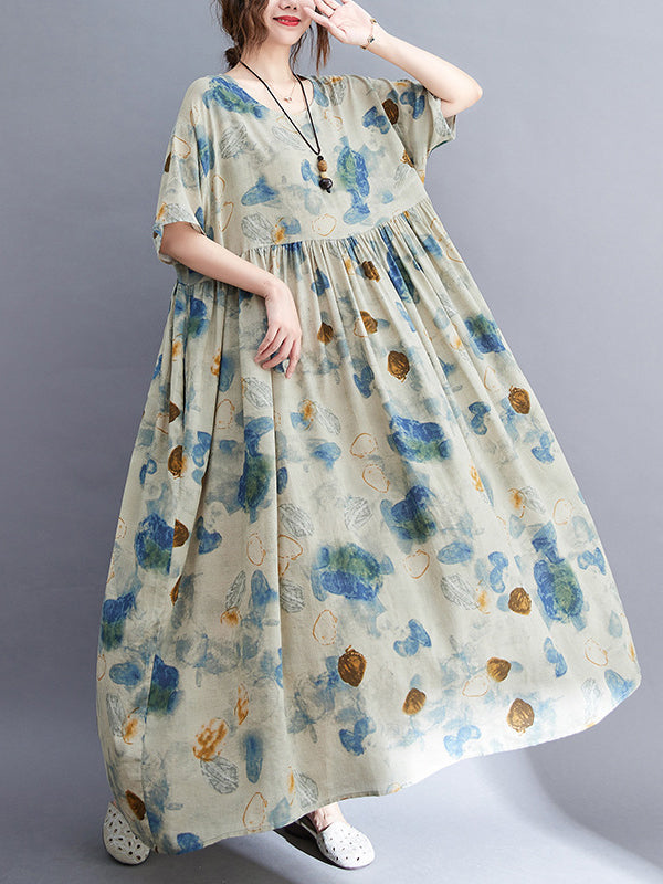 Artistic Retro Loose Floral Printed Pleated Vacation Midi Dress