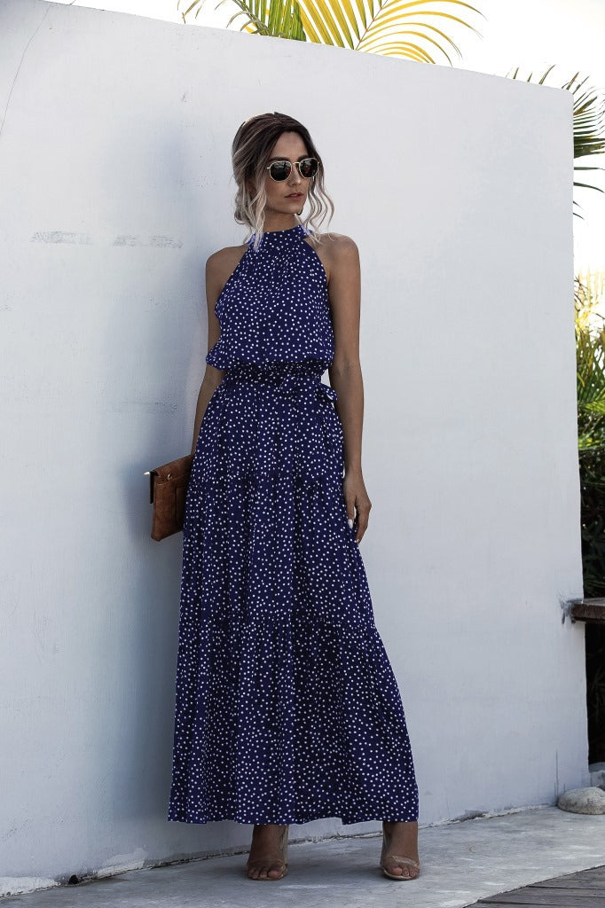 Polka Dot Printed Halter Tied Dress Dress