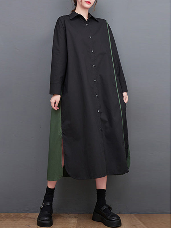 Long Sleeves Loose Asymmetric Buttoned Split-Joint Split-Side Lapel Midi Dresses Shirt Dress