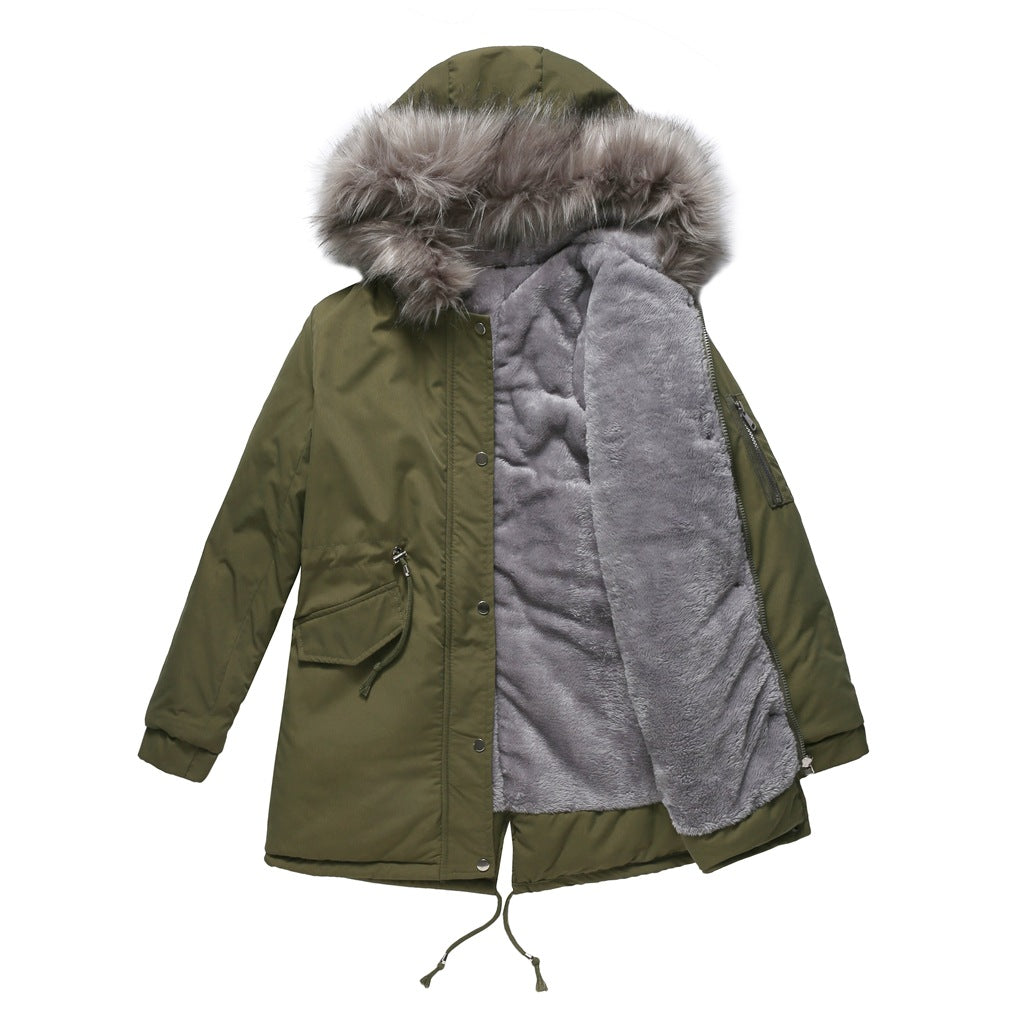 Size Big Fur Collar Thickened Women Cotton-Padded Coat Mid-Length Hooded Winter Warm Fleece Overcoat Cotton-Padded Coat