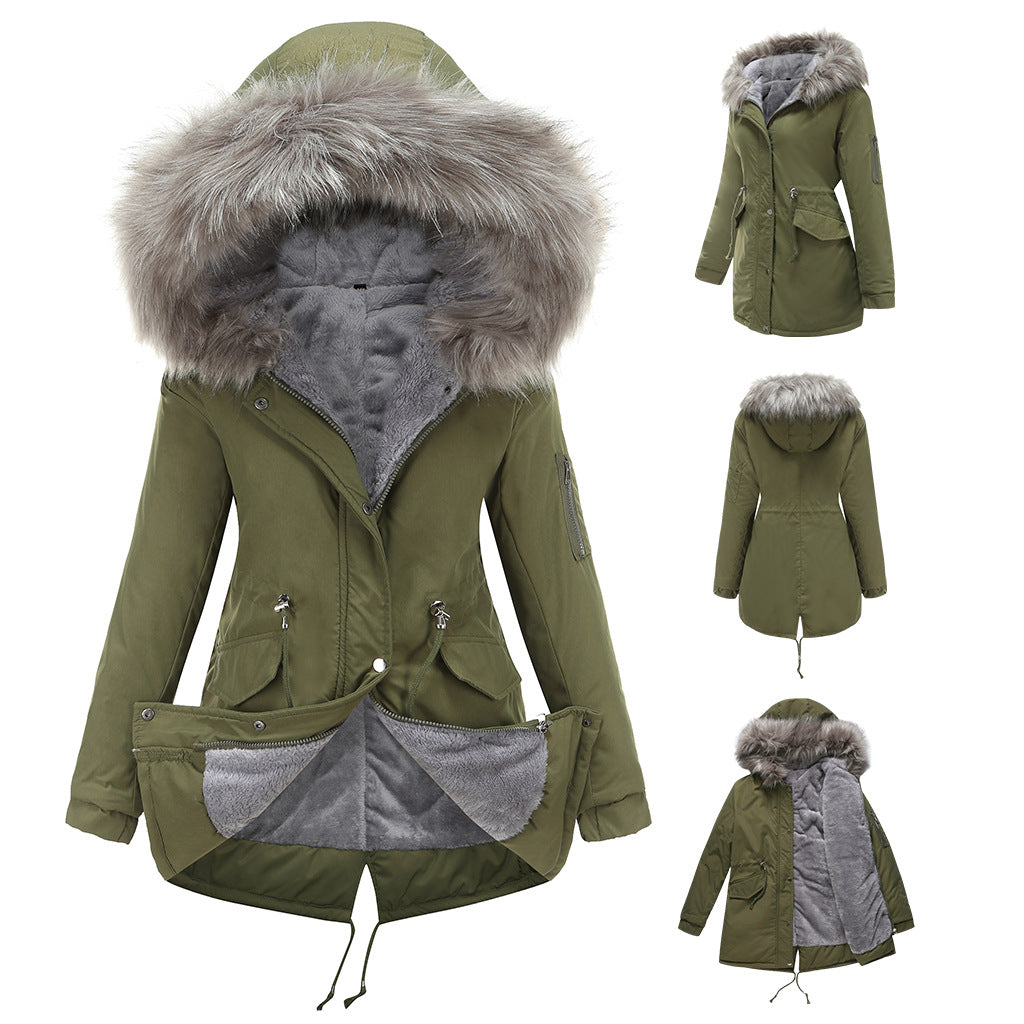 Size Big Fur Collar Thickened Women Cotton-Padded Coat Mid-Length Hooded Winter Warm Fleece Overcoat Cotton-Padded Coat