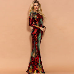 Evening Dress Women Spring Summer Stitching Mop Long Sequin Dress Ladies Formal Gown