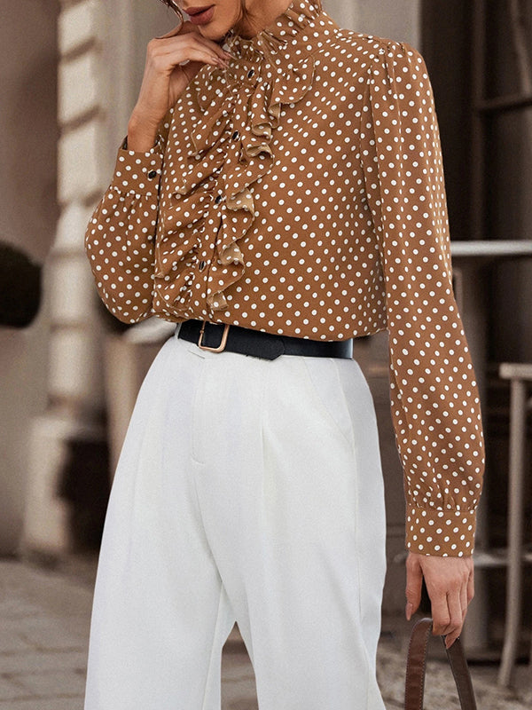 Loose Puff Sleeves Floral Pleated Polka-Dot Split-Joint Stand Collar Blouses