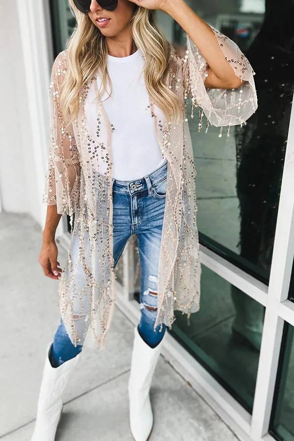 Here for The Party Draped Tassel Sequin Bell Sleeve Loose Kimono