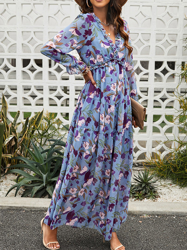 High Waisted Long Sleeves Flower Print Pleated Ruffled V-Neck Maxi Dresses