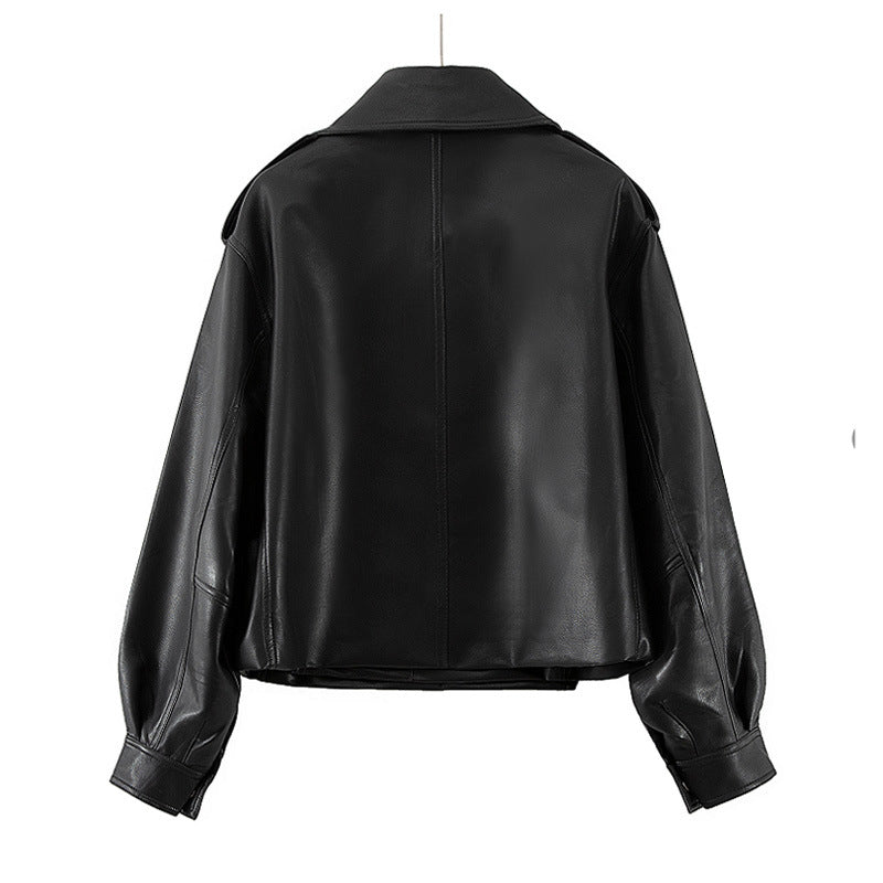 Women Loose Design Short Lapels Faux Leather Jacket Autumn Korean Motorcycle Leather Coat