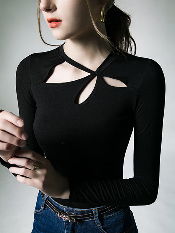 Long Sleeves Skinny Hollow Solid Color Asymmetric Collar T-Shirts Tops