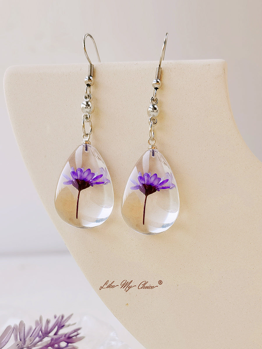 Natural Dahlberg Daisy Dried Flowers of Happiness Water Drop Earrings