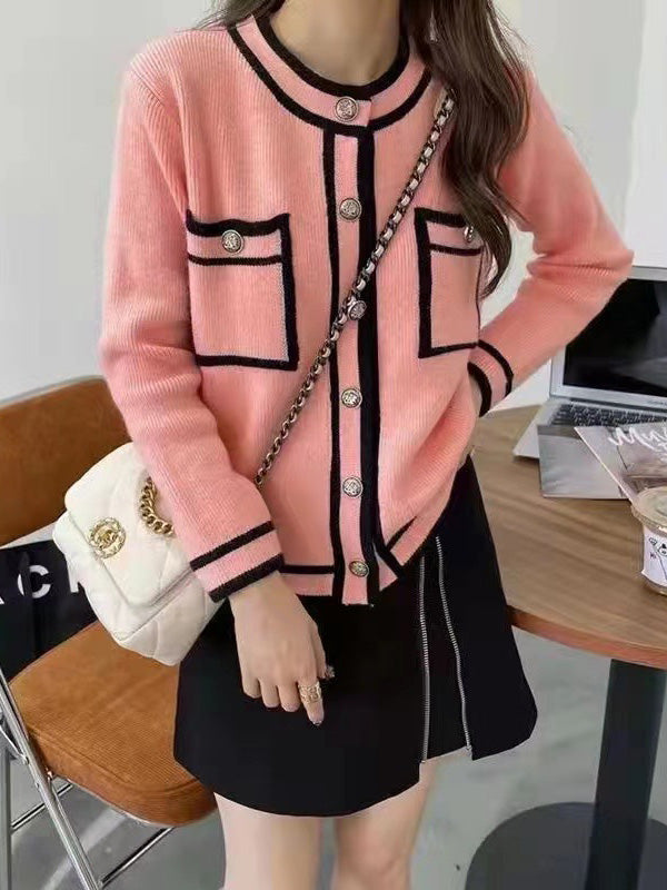 Long Sleeves Buttoned Contrast Color Pockets Round-Neck Cardigan Tops