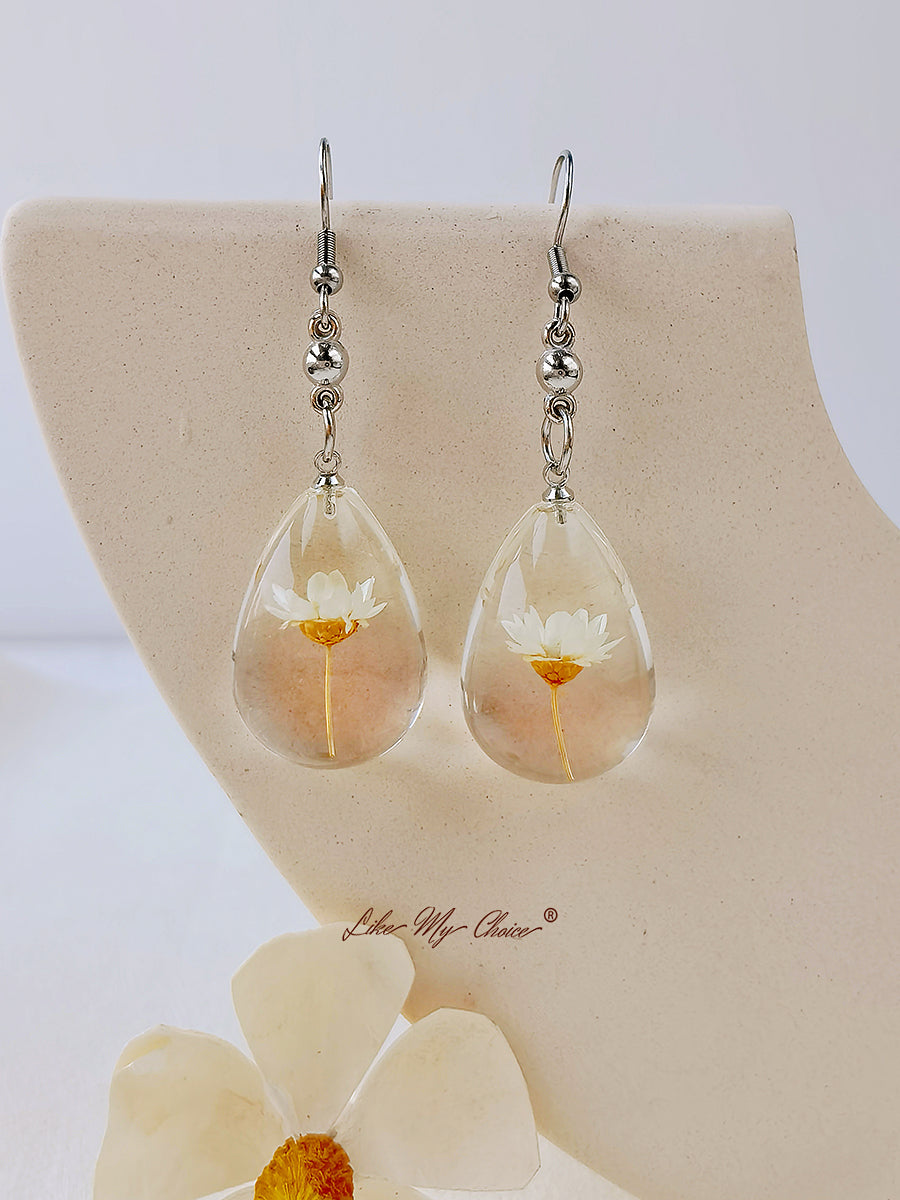 Natural Dahlberg Daisy Dried Flowers of Happiness Water Drop Earrings