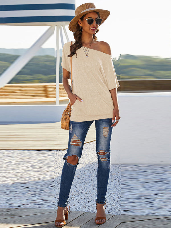 Simple Short Sleeves Loose Solid Color One-Shoulder T-Shirts Tops