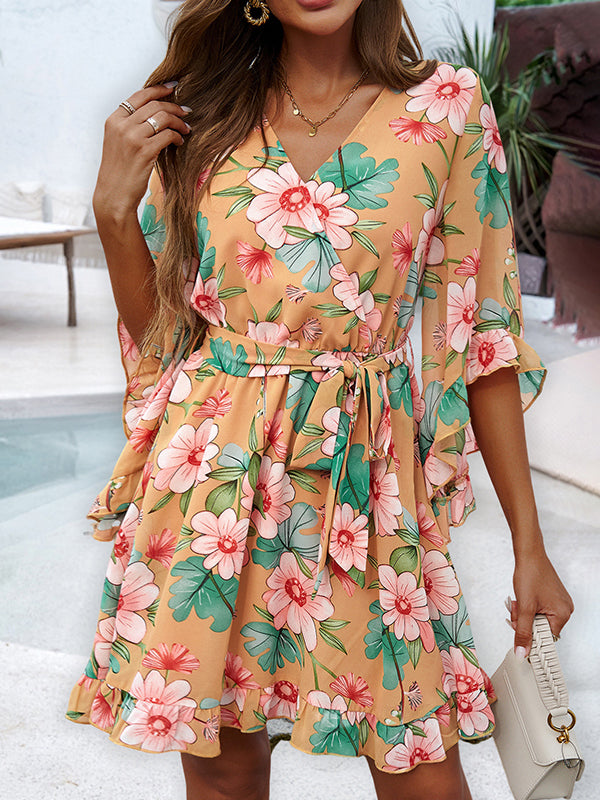 Flared Sleeves Half Sleeves Flower Print Ruffle Trim Split-Joint Tied Waist V-Neck Mini Dresses