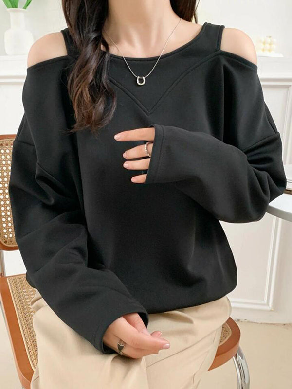 Long Sleeves Loose Hollow Solid Color Cold Shoulder T-Shirts Tops