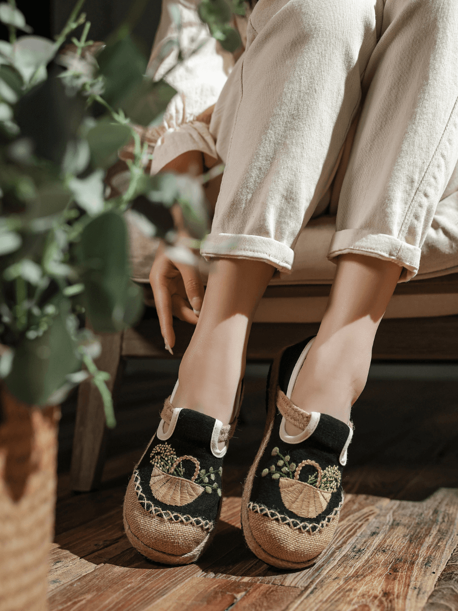 CACTUS ROSE | BASKET EMBROIDERED LINEN ESPADRILLE LOAFER - BLACK