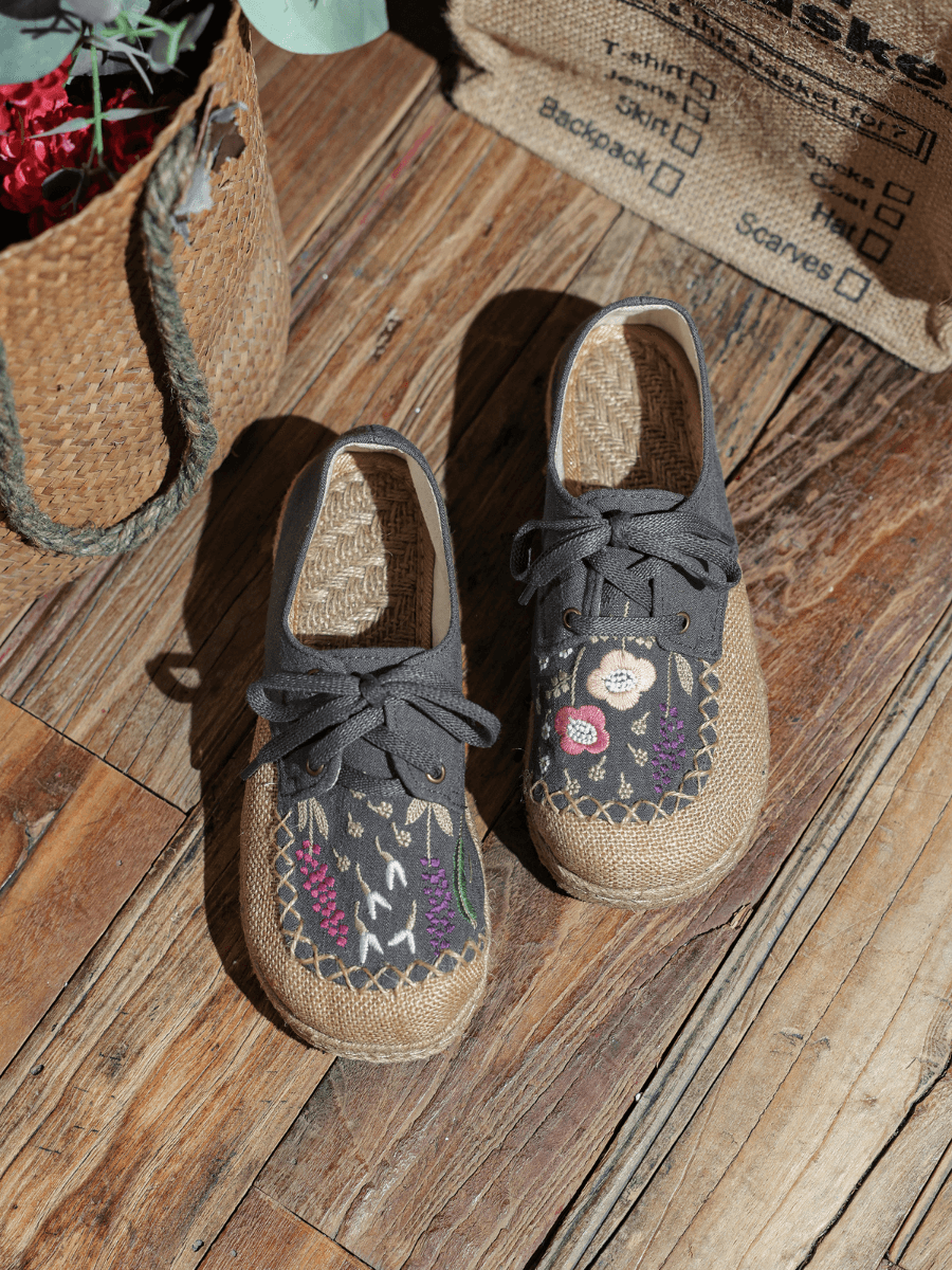 CACTUS ROSE | GARDEN EMBROIDERED LINEN ESPADRILLE SNEAKER - GREY