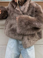 Plush coat with fur collar