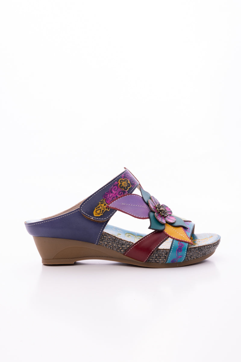 SOFFIA | FLOR DE PARAISO LEATHER WEDGE SANDAL - NAVY