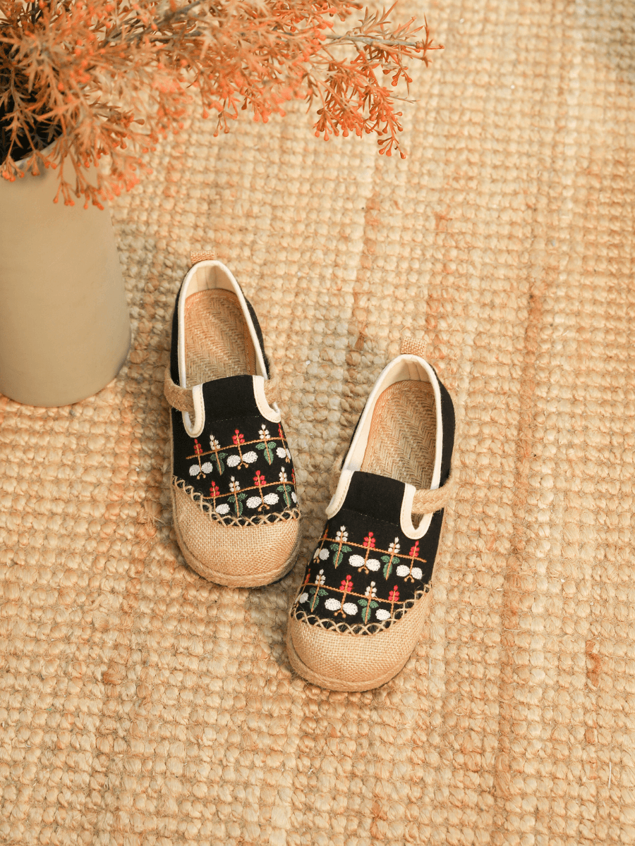 CACTUS ROSE | SWEET GARDEN EMBROIDERED LINEN ESPADRILLE - BLACK