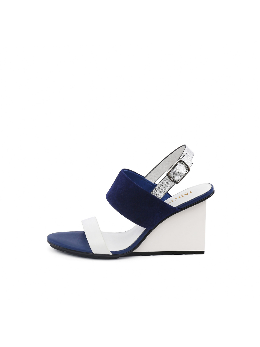 JADY ROSE | LEATHER SLINGBACK WEDGE SANDAL - NAVY