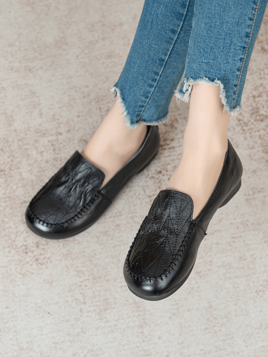 RUMOUR HAS IT| GEOMETRY STITCHING UPPER LEATHER LOAFER - BLACK