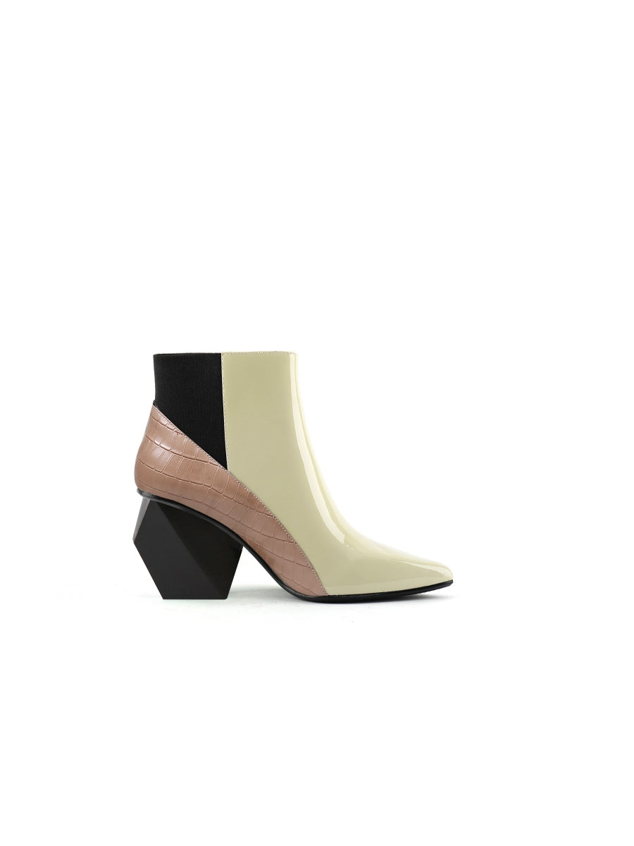 JadyRose | Beige Structural-Heel Croc Patent Leather Ankle Boot