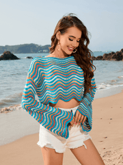 Appreciate You Crochet Striped Scalloped Hem Crop Top - Turquoise