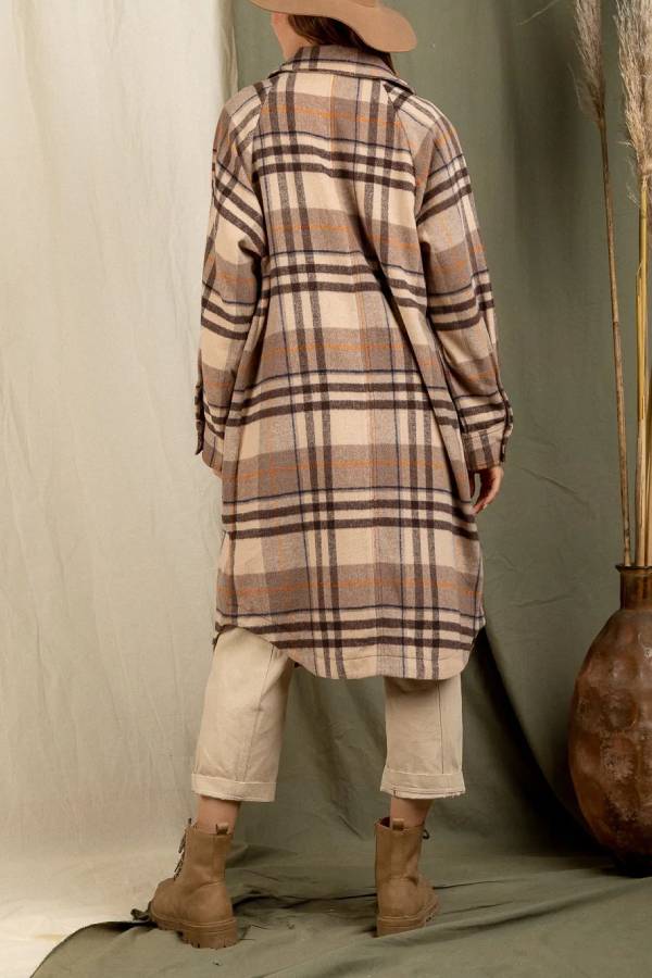 Plaid print drop shoulder overcoat